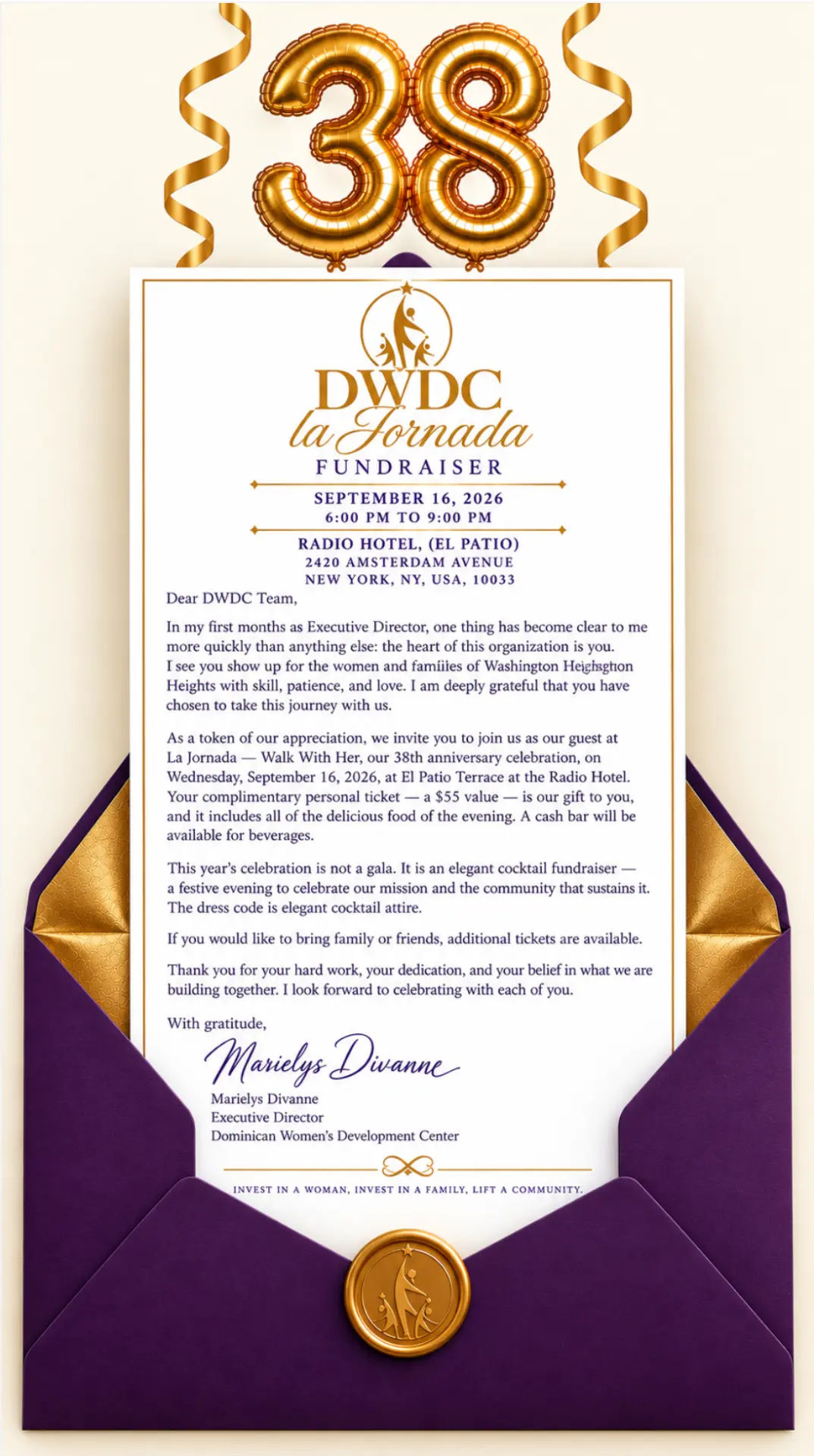 Invitation to La Jornada — Walk With Her, the DWDC 38th anniversary fundraiser on September 16, 2026, 6:00 to 9:00 PM, at the Radio Hotel, El Patio, 2420 Amsterdam Avenue, New York, NY 10033.